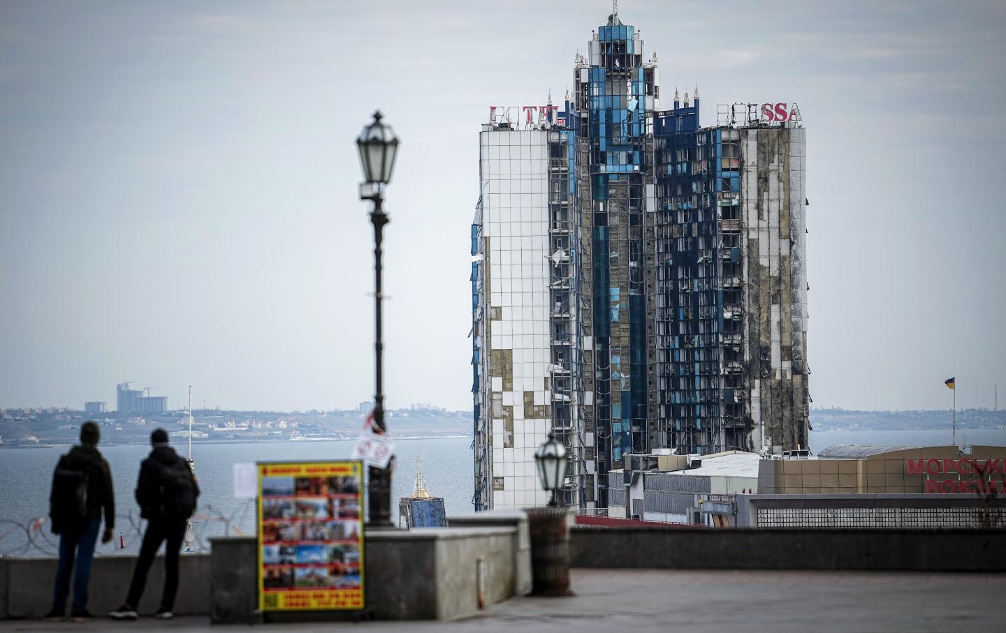 The husk of the Hotel Odessa can be seen in the port city in the morning. Russian cruise missiles hit the hotel on September 25, 2023.