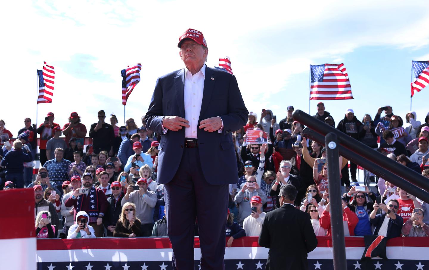 Republican presidential candidate former President Donald Trump arrives for a rally at the Dayton International Airport on March 16, 2024, in Vandalia, Ohio.