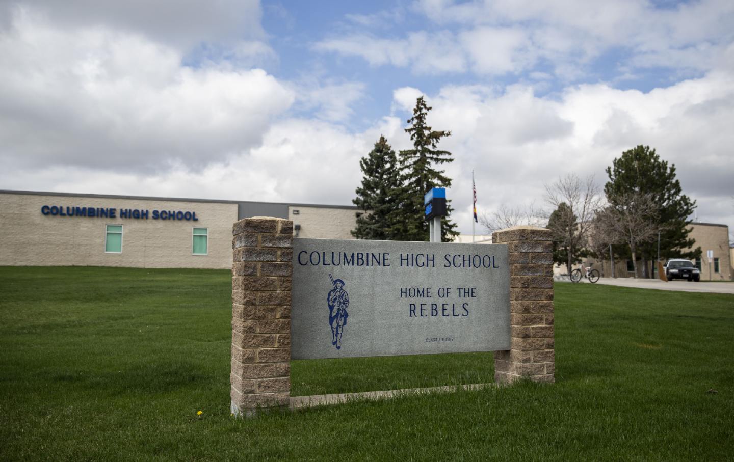 Police patrol outside Columbine High School on April 17, 2019 in Littleton, Colorado, the site of the deadly school shooting in 1999.