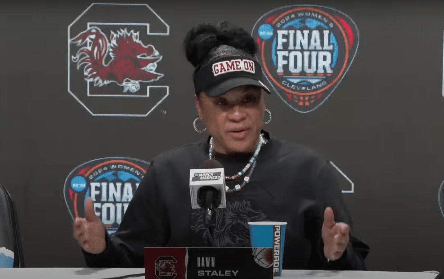 South Carolina head coach Dawn Staley answers reporters' questions on April 6 before a national championship game.