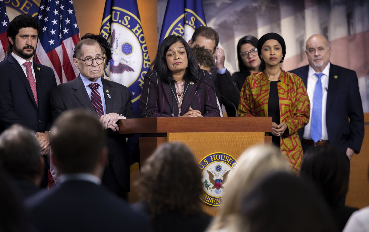 Rep Pramila Jayapal pada konferensi pers mengenai batas utang yang akan datang di Washington, DC