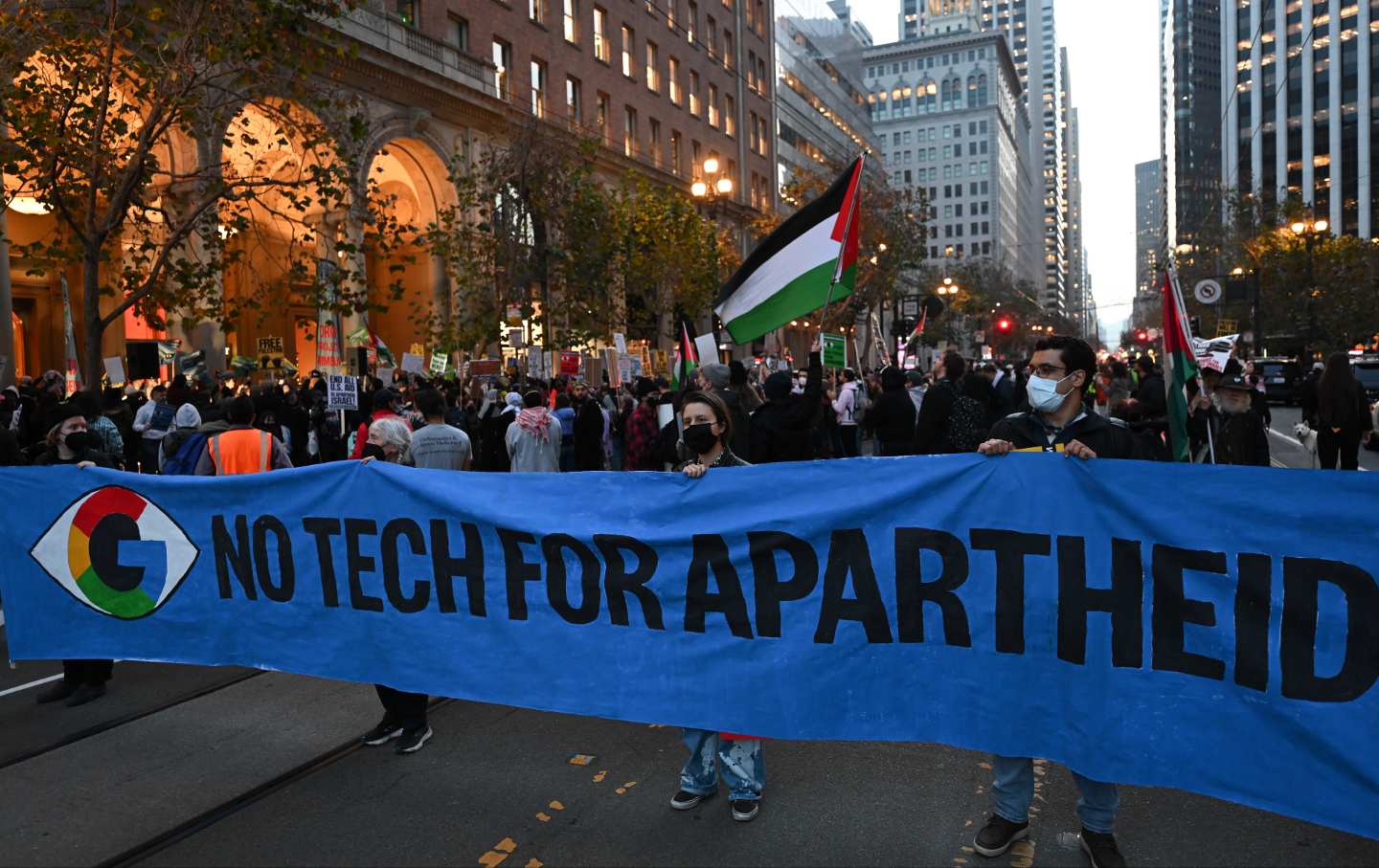 Hundreds of protestors including Google workers are gathered in front of Google's San Francisco offices and shut down traffic at One Market Street block on Thursday evening, demanding an end to its work with the Israeli government, and to protest Israeli attacks on Gaza, in San Francisco, California, United States on December 14, 2023.