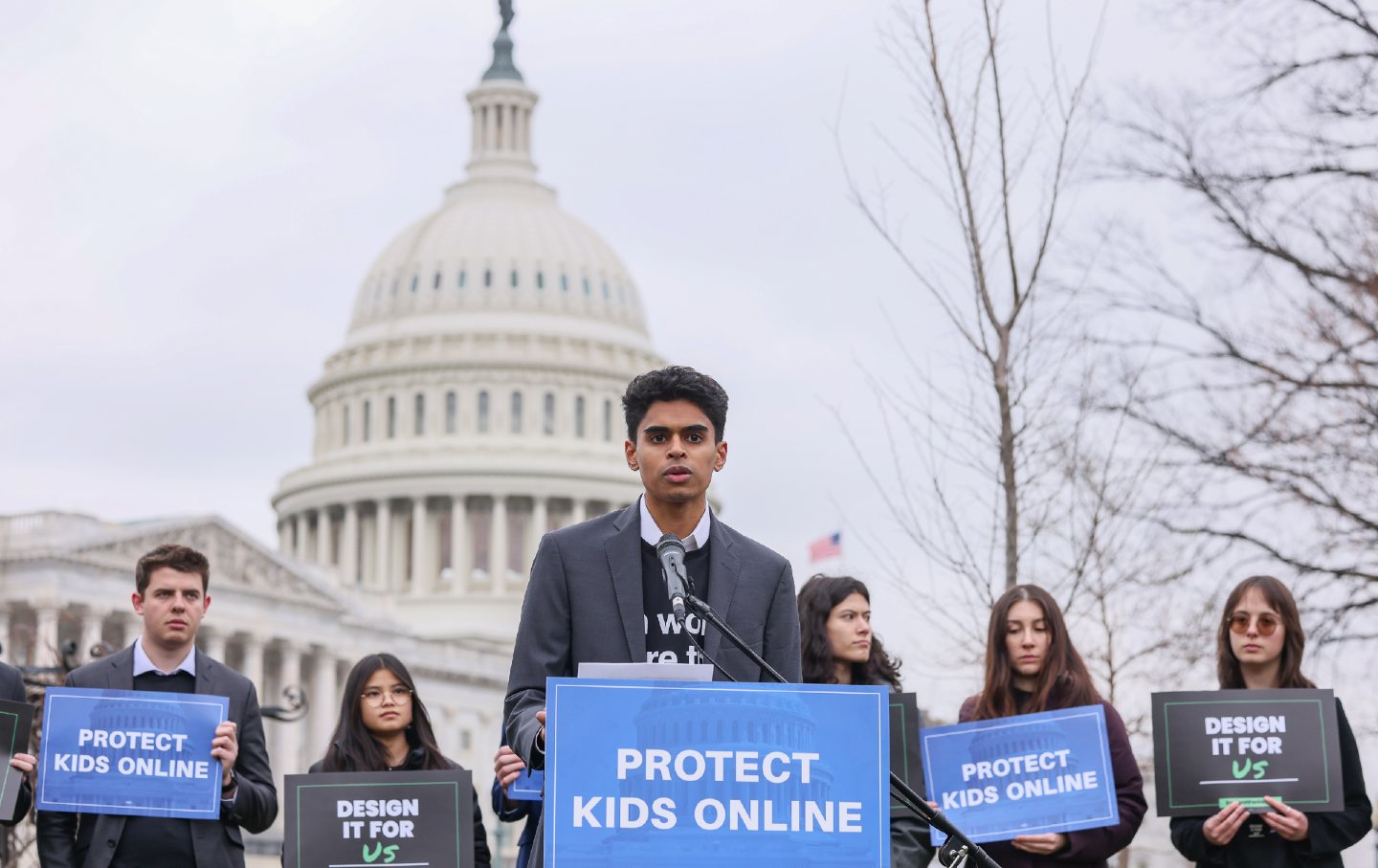 WASHINGTON, DC - JANUARY 31: Zamaan Qureshi speaks during a rally organized by Accountable Tech and Design It For Us to hold tech and social media companies accountable for taking steps to protect kids and teens online on January 31, 2024 in Washington, DC. (Photo by Jemal Countess/Getty Images for Accountable Tech)