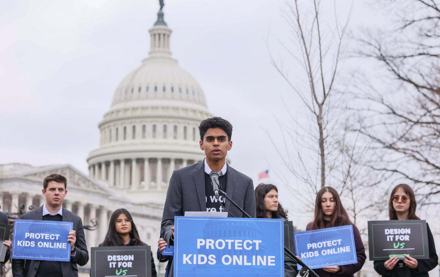 WASHINGTON, DC - JANUARY 31: Zamaan Qureshi speaks during a rally organized by Accountable Tech and Design It For Us to hold tech and social media companies accountable for taking steps to protect kids and teens online on January 31, 2024 in Washington, DC. (Photo by Jemal Countess/Getty Images for Accountable Tech)
