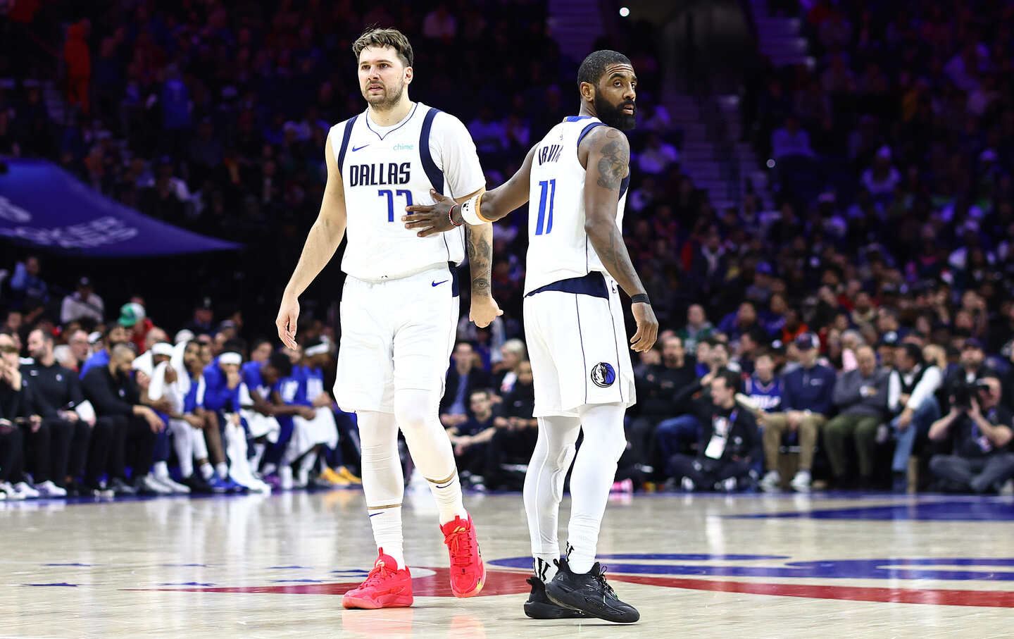 Luka Doncic #77 of the Dallas Mavericks and Kyrie Irving #11 of the Dallas Mavericks on February 5, 2024.