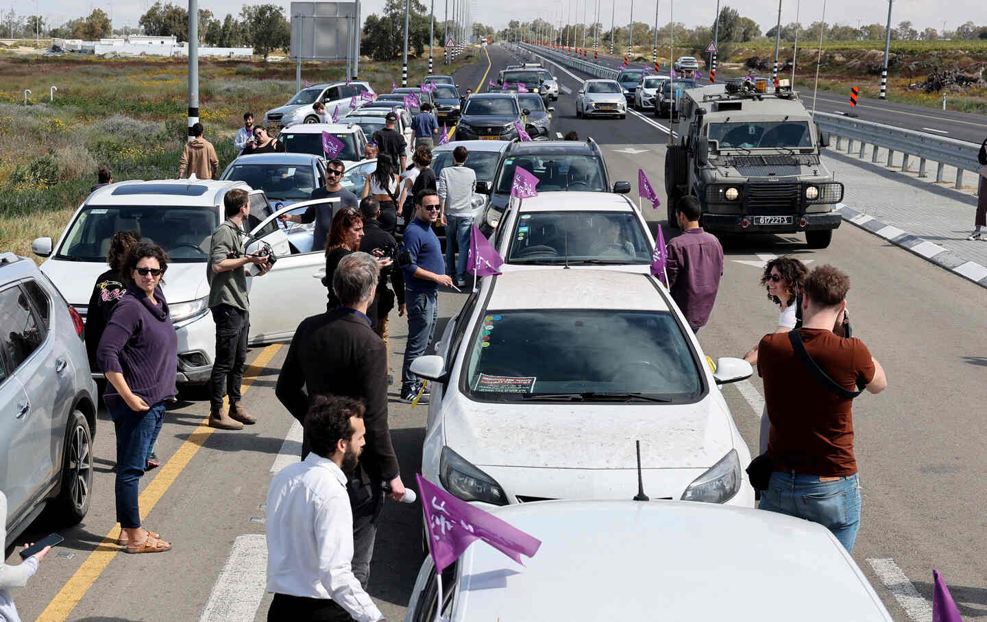 A convoy of 30 vehicles driven by Israeli activists from the “Standing Together” movement, gather in the southern Israeli city of Ashkelon near the border with the Gaza Strip on March 7, 2024, in a show of support for Palestinians.