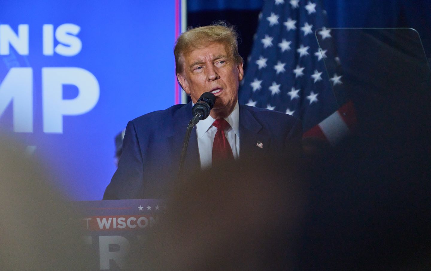 Former president Donald Trump speaks during a campaign event in Green Bay, Wisconsin, on April 2, 2024.