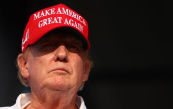 Former president Donald Trump at the 18th green during day three of the LIV Golf Invitational–Miami on April 7, 2024, in Doral, Florida.