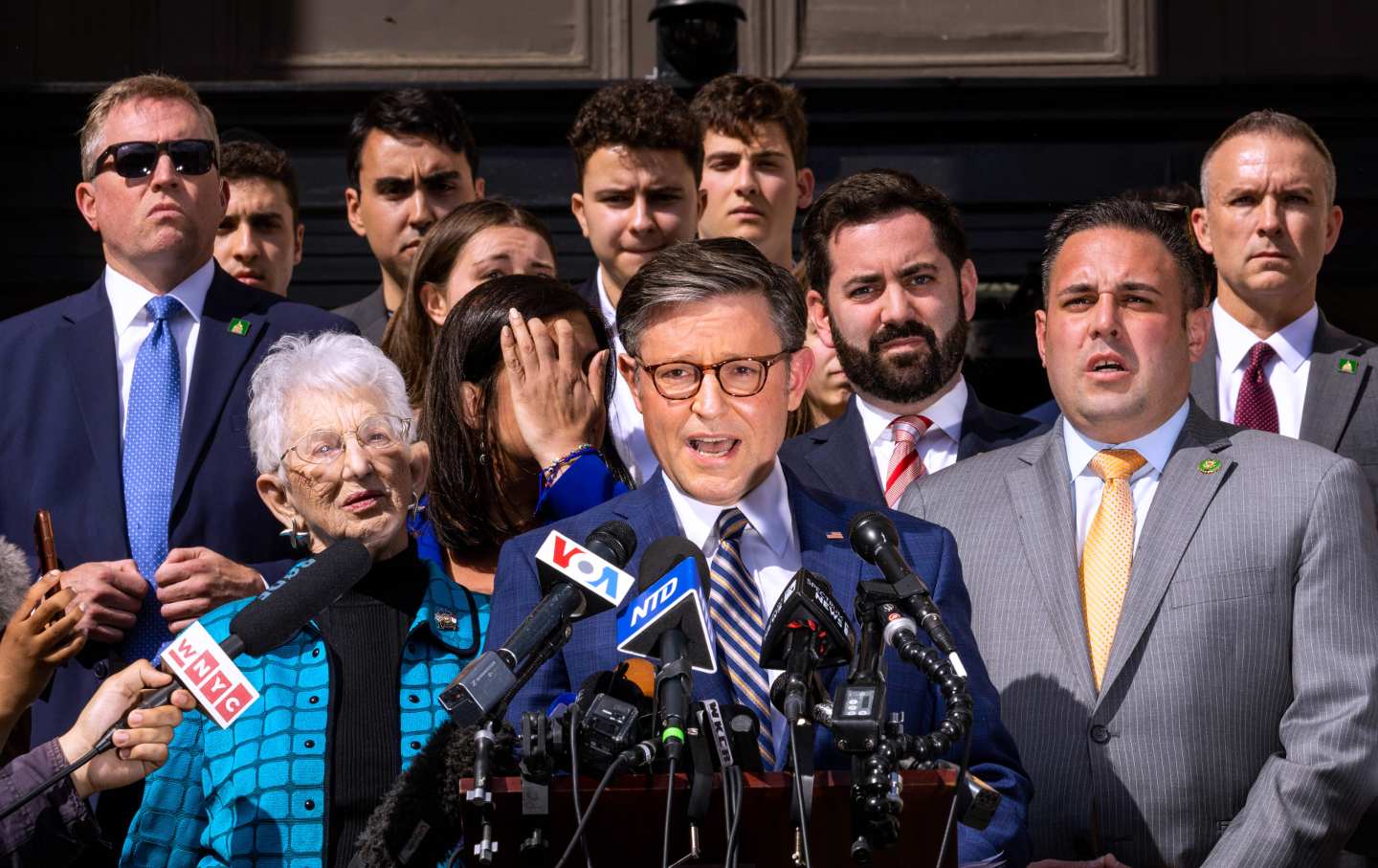 Speaker of the House Mike Johnson (R-LA) speaks during a press conference at Columbia University on April 24, 2024.