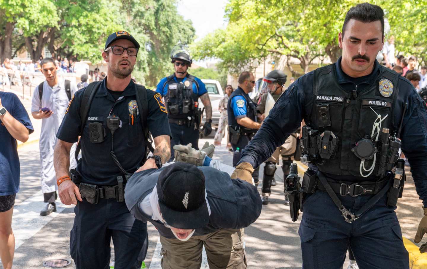 A pro-Palestinian protester is arrested at the University of Texas in Austin, Texas, on April 29, 2024.
