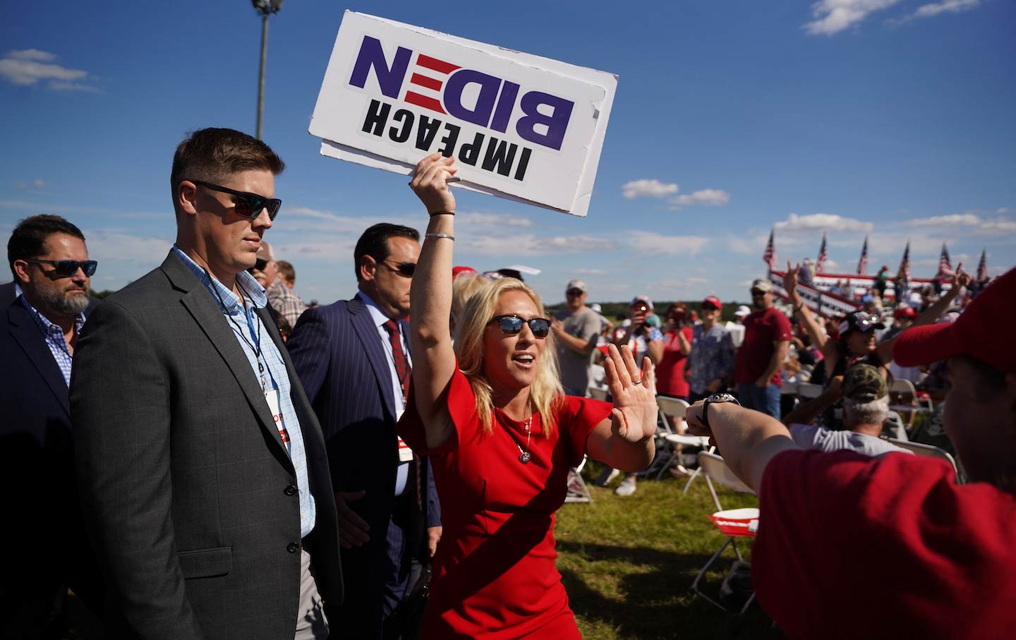 Representative Marjorie Taylor Greene (R-GA) greets supporters at a rally featuring former US president Donald Trump on September 25, 2021, in Perry, Georgia.