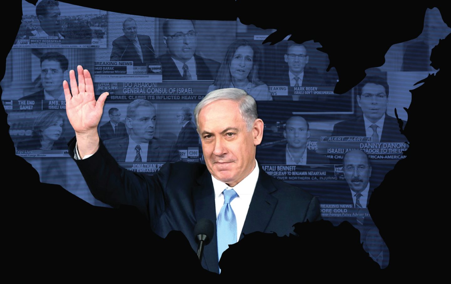 Benjamin Netanyahu in front of a map of the U.S.