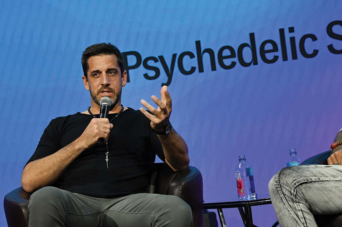 Quarterback Aaron Rodgers speaks during an event titled “How Psychedelics Can Unlock Elite Performance” in June 2023.