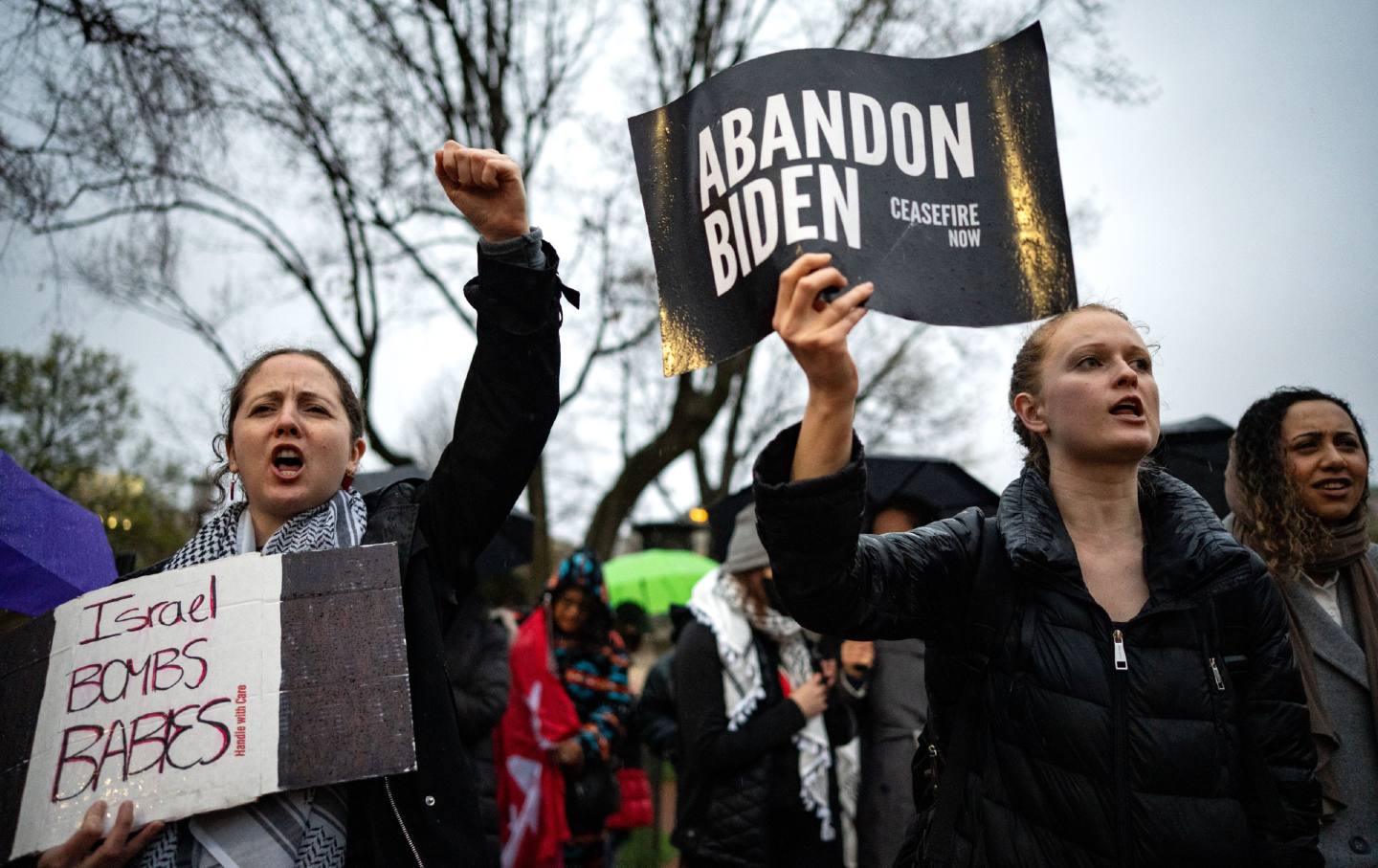 Pro-Palestinian demonstrators call for a cease-fire in Gaza during a protest as part of the “People's White House Ceasefire Now Iftar” outside the White House on April 2, 2024, in Washington, DC.