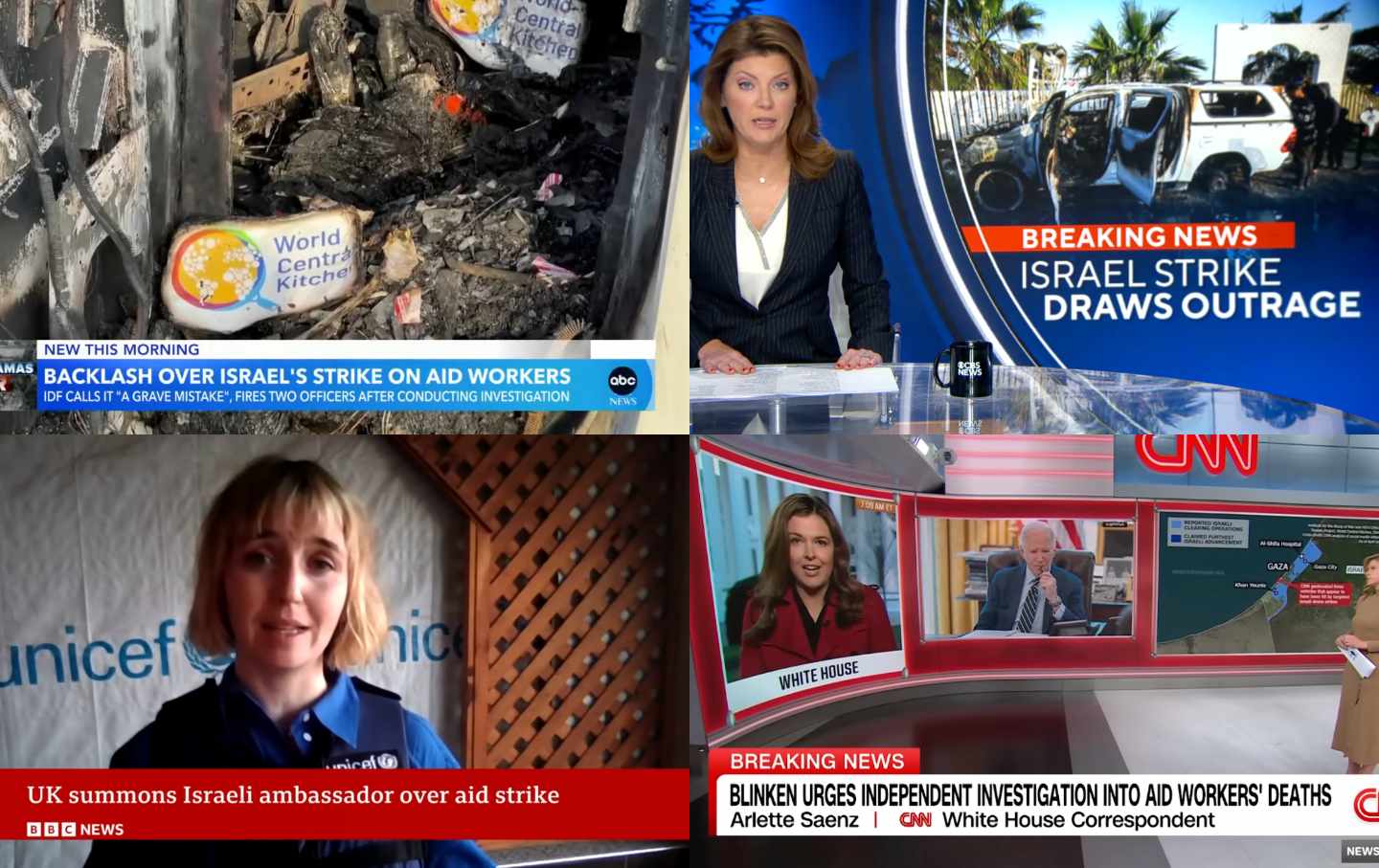 Screenshots of media coverage of the World Central Kitchen attack.