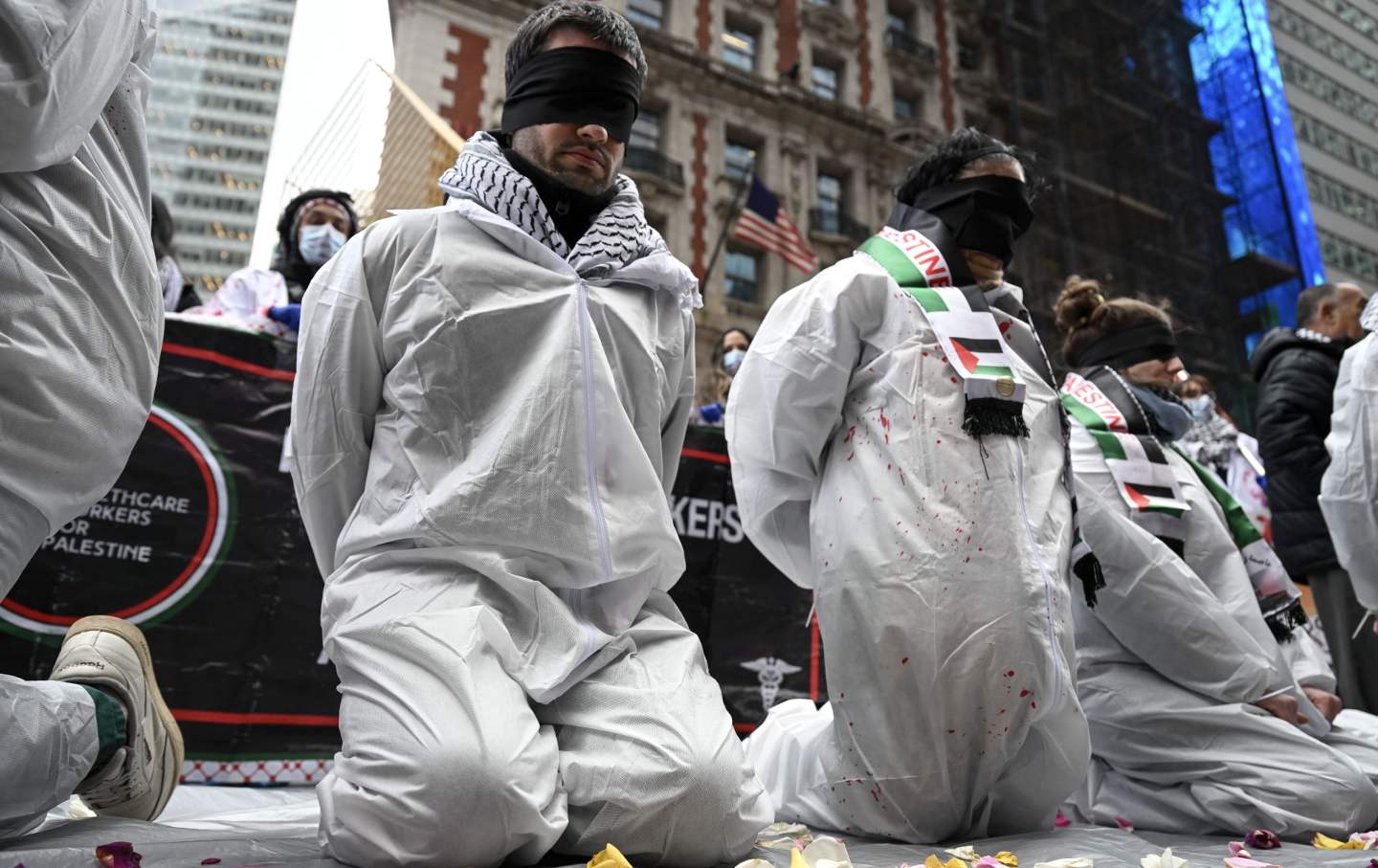 Demonstrators gather to stage a protest in support of Palestinians at Times Square in New York, United States on April 05, 2024.