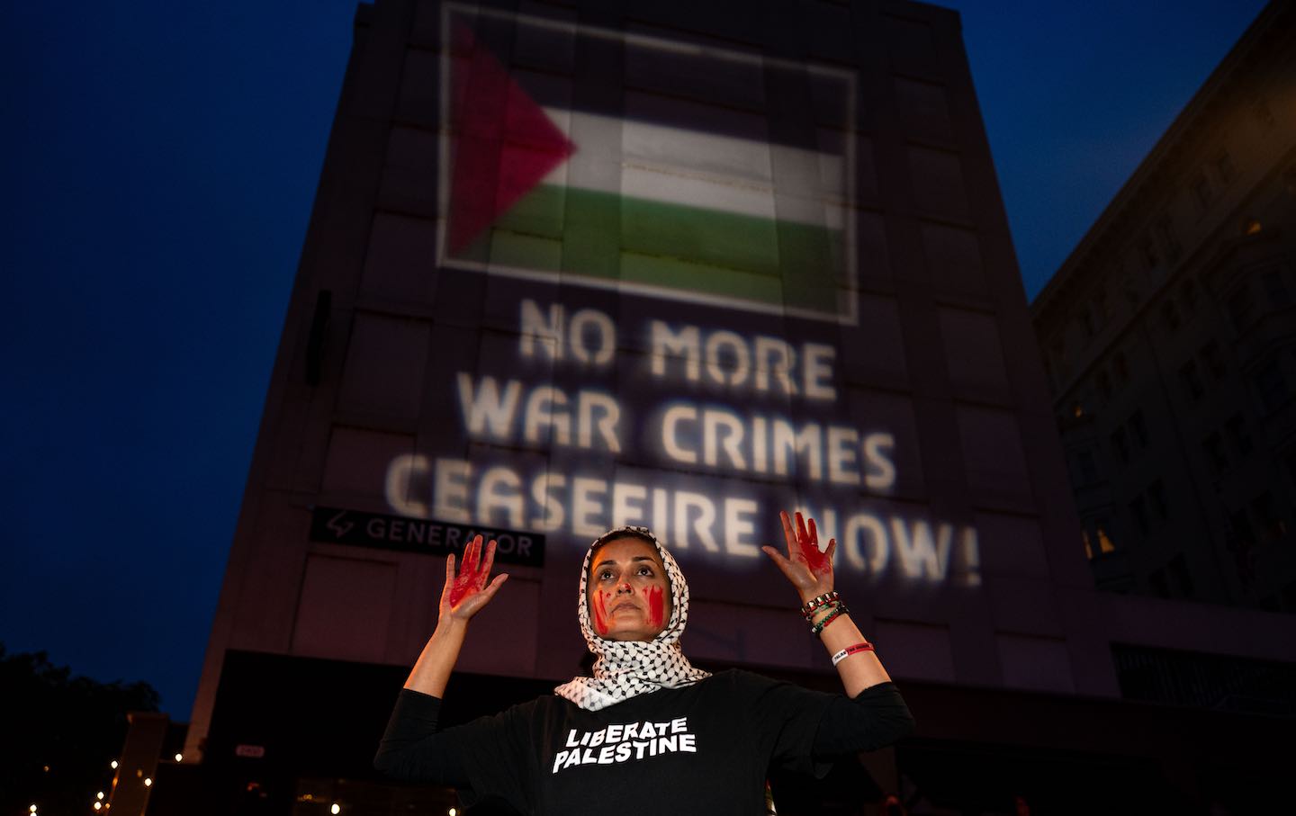 Pro-Palestinian demonstrators protest outside of the Washington Hilton, the site of the Annual White House Correspondents Dinner, on April 27, 2024 in Washington, D.C.