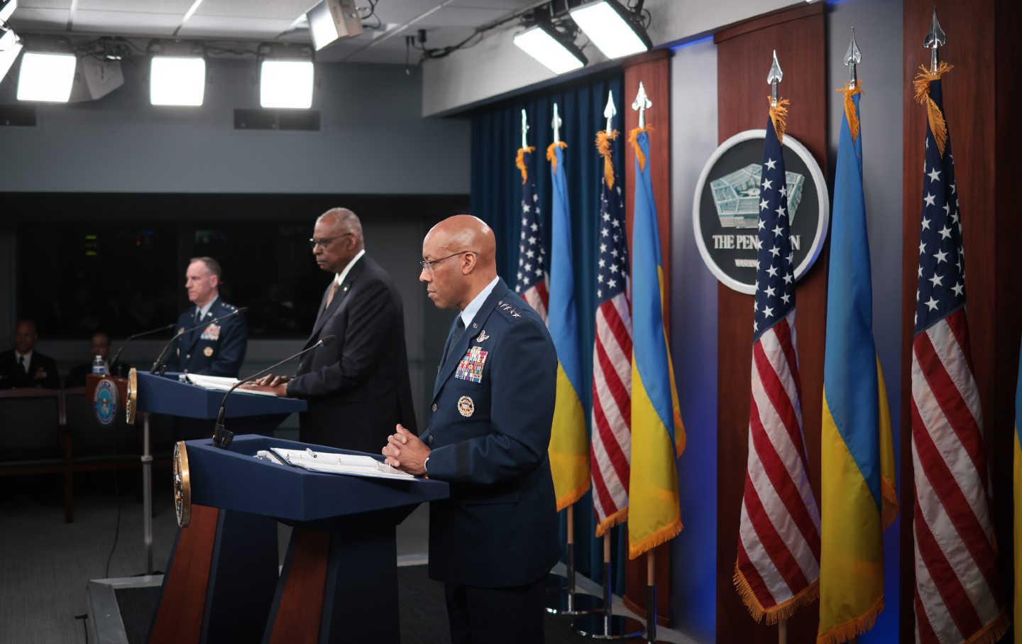 Defense Secretary Austin, General Brown Hold Media Briefing At The Pentagon