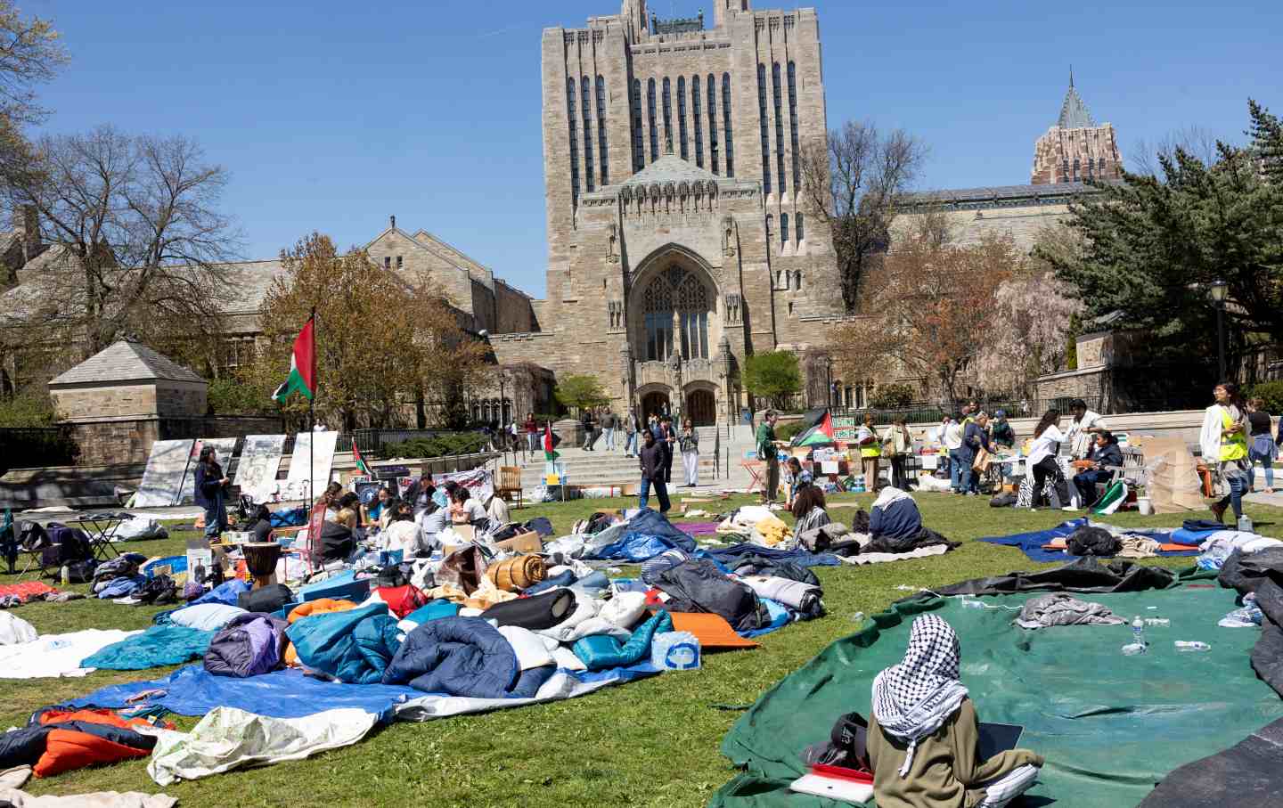Yale University students reoccupy a central lawn on campus and establish a second Gaza Solidarity camp after the first tents were taken down by campus police, April 26, 2024, in New Haven, Connecticut.
