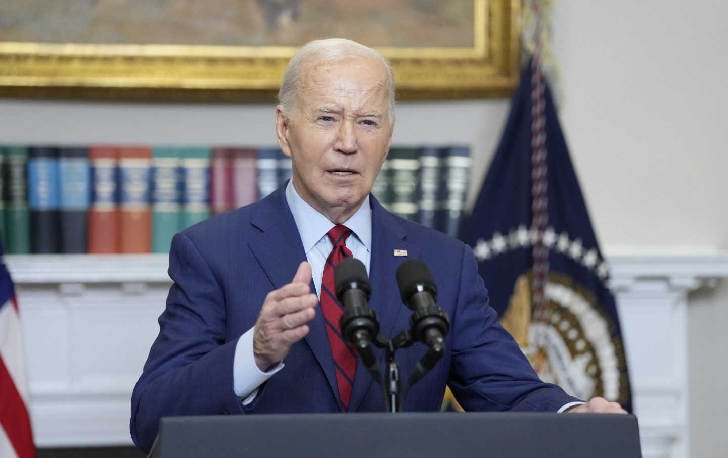 US President Joe Biden speaks in the Roosevelt Room of the White House about pro-Palestinian campus protests on May 2, 2024.