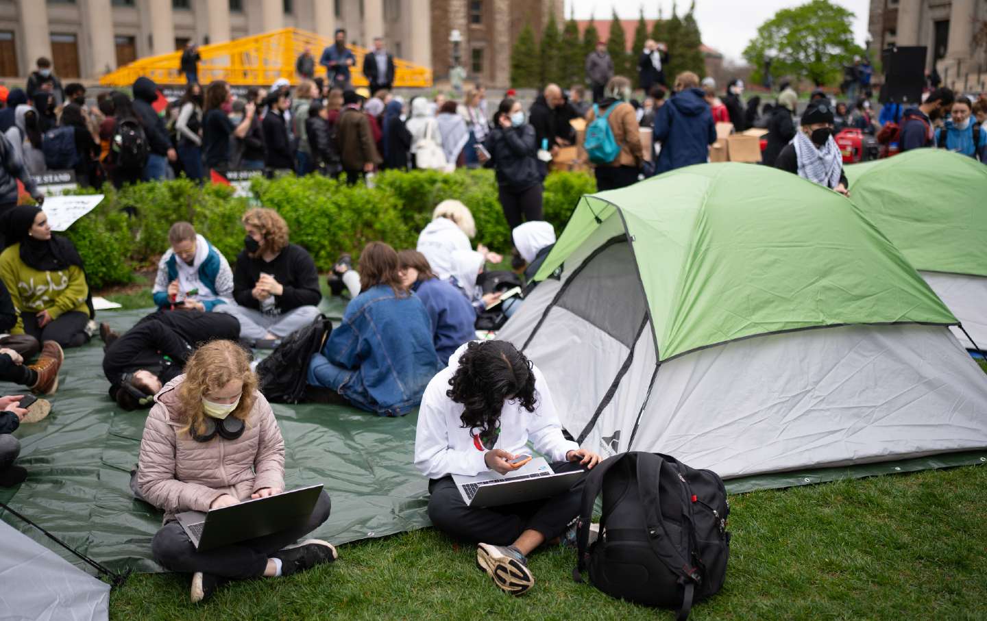 At the University of Minnesota campus in Minneapolis, a few hundred people gathered outside Coffman Memorial Union to call for a cease-fire in Gaza before setting up an encampment on the lawn Monday afternoon, April 29, 2024.