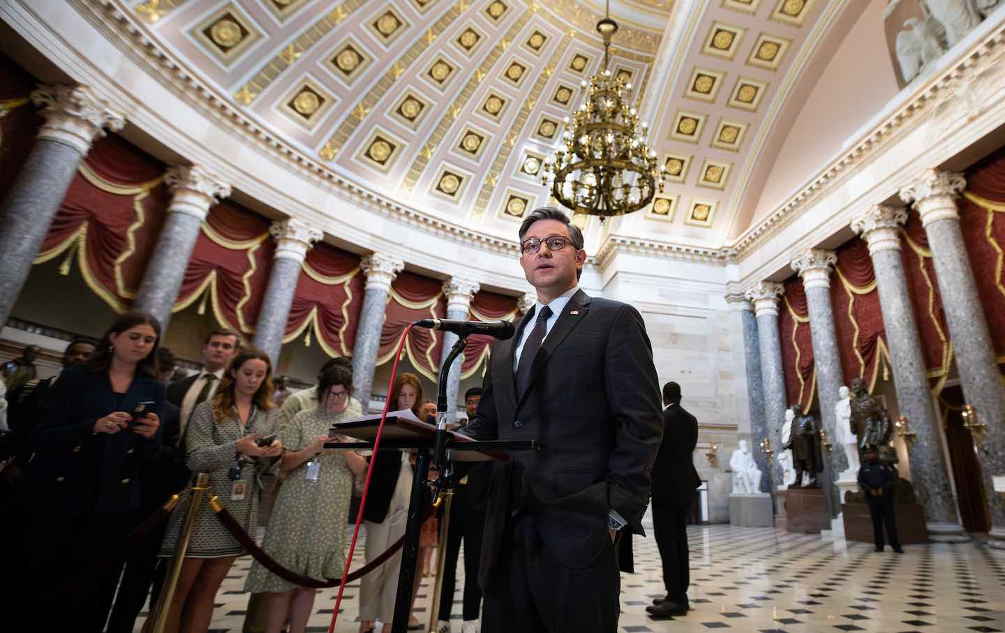 House Speaker Mike Johnson (R-La.) talks to reporters after surviving a vote to remove him from the Speaker’s position in Washington, D.C., on May 8, 2024.