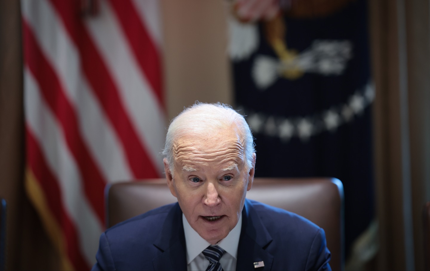 Joe Biden delivers remarks while meeting with the Joint Chiefs and Combatant Commanders in the Cabinet Room of the White House May 15, 2024 in Washington, DC.