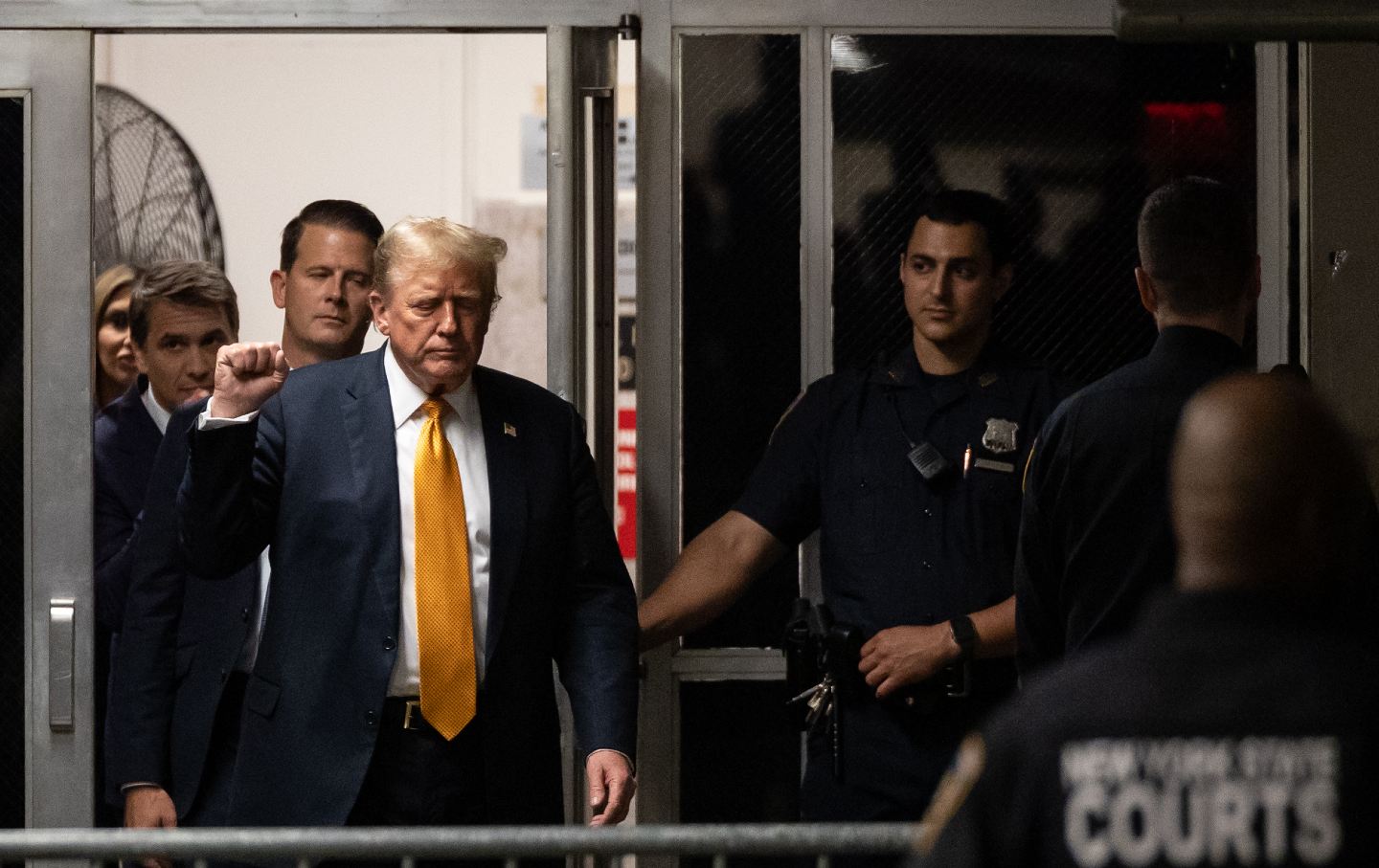 Former president Donald Trump speaks to the media during a break in his criminal trial on May 29, 2024, in New York City.