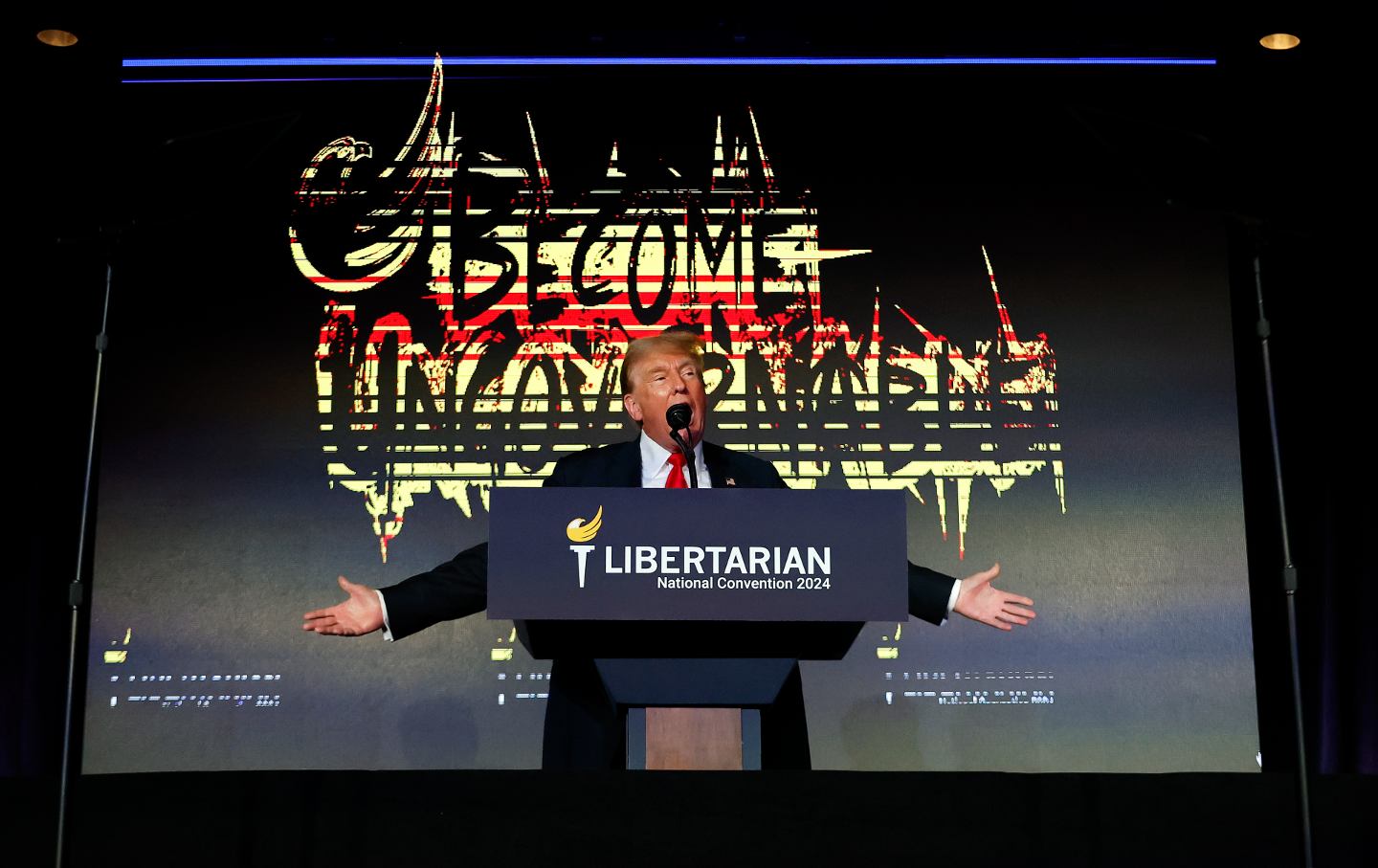 Donald Trump addresses the Libertarian Party National Convention at the Washington Hilton on May 25, 2024 in Washington, DC.