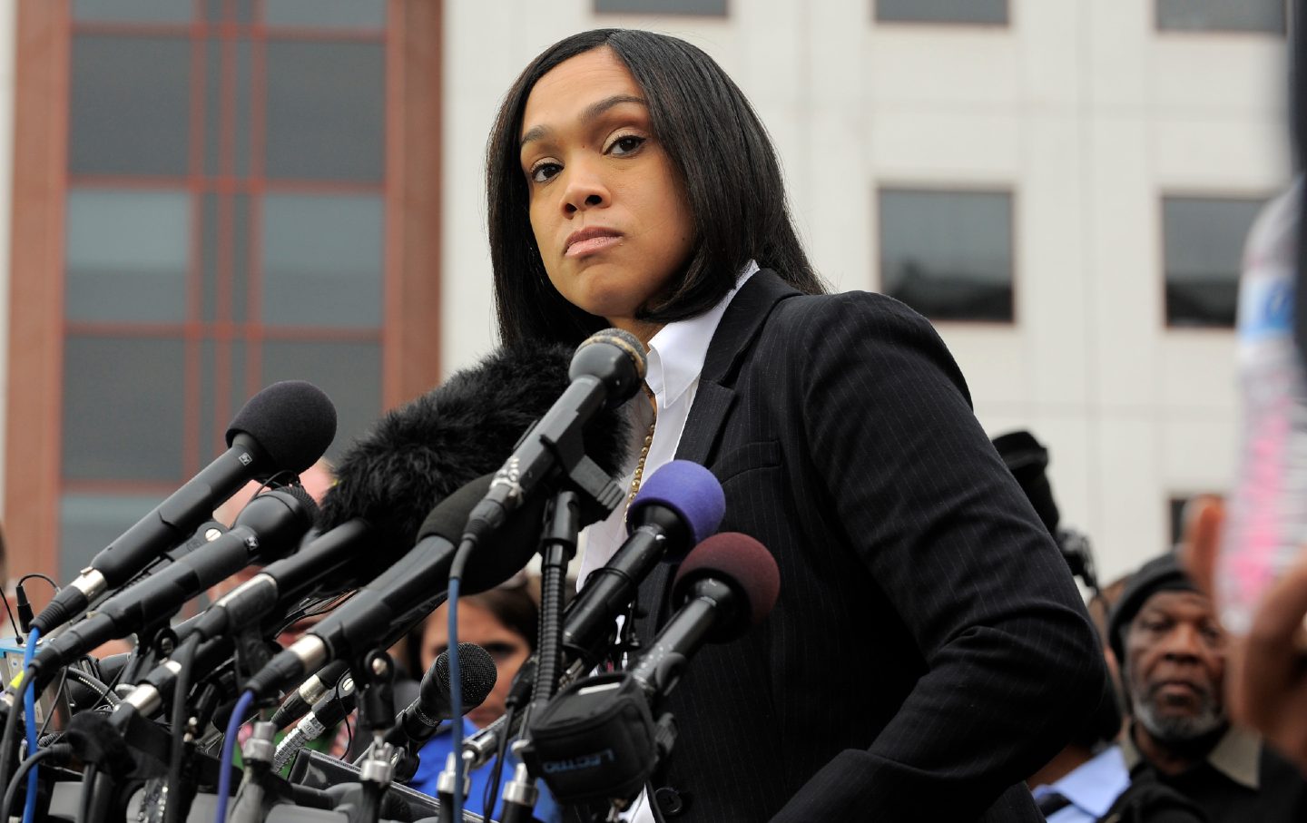 Former Baltimore state attorney Marilyn Mosby answers questions at a press conference about the arrests of police officers involved in the death of Freddie Gray on May 1, 2015.