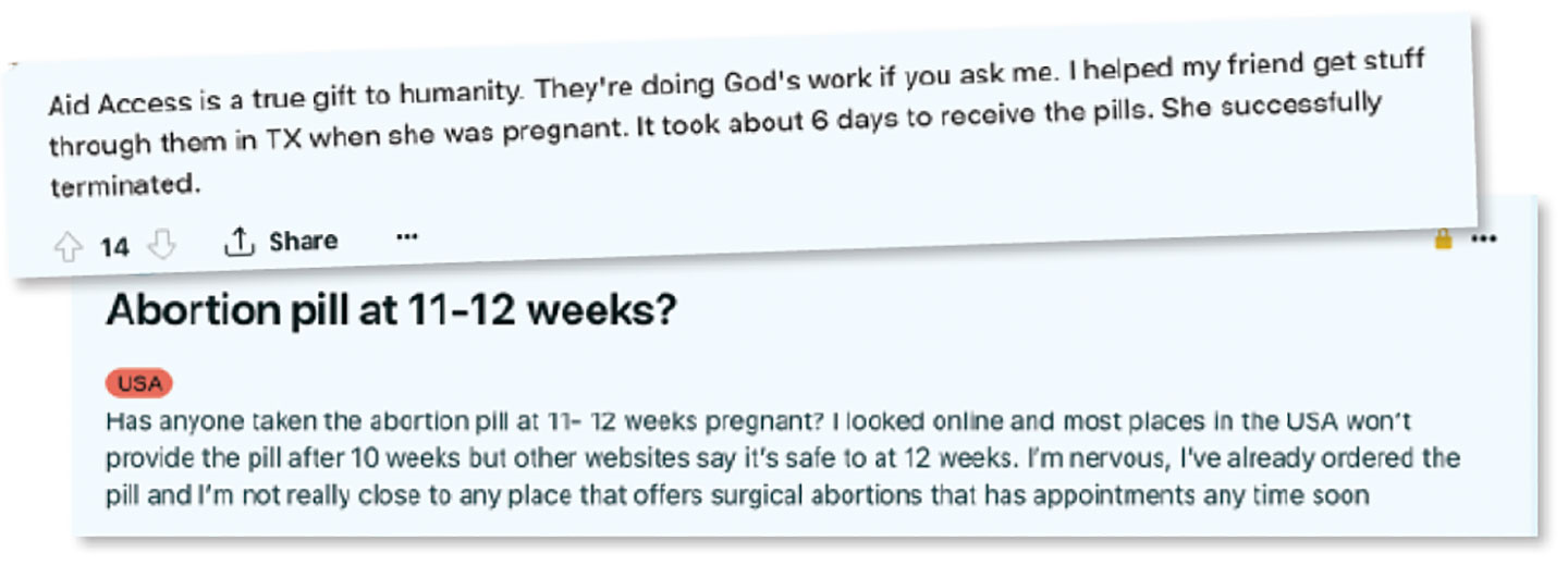 On Reddit, hundreds of users offer advice and reviews of services that ship abortion medication to states where it is banned.
