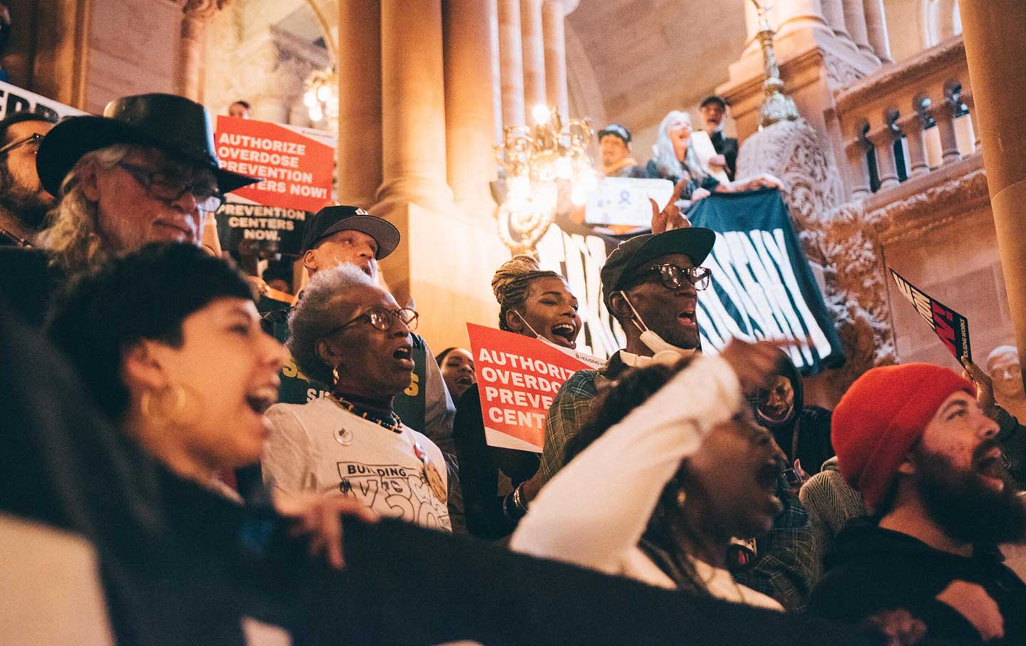 Activists rally in support of overdose prevention centers at the State Capitol in Albany on March 5, 2024.