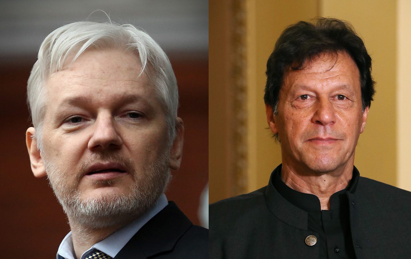 Wikileaks founder Julian Assange (L) and former Pakistan Prime Minister Imran Khan (R)