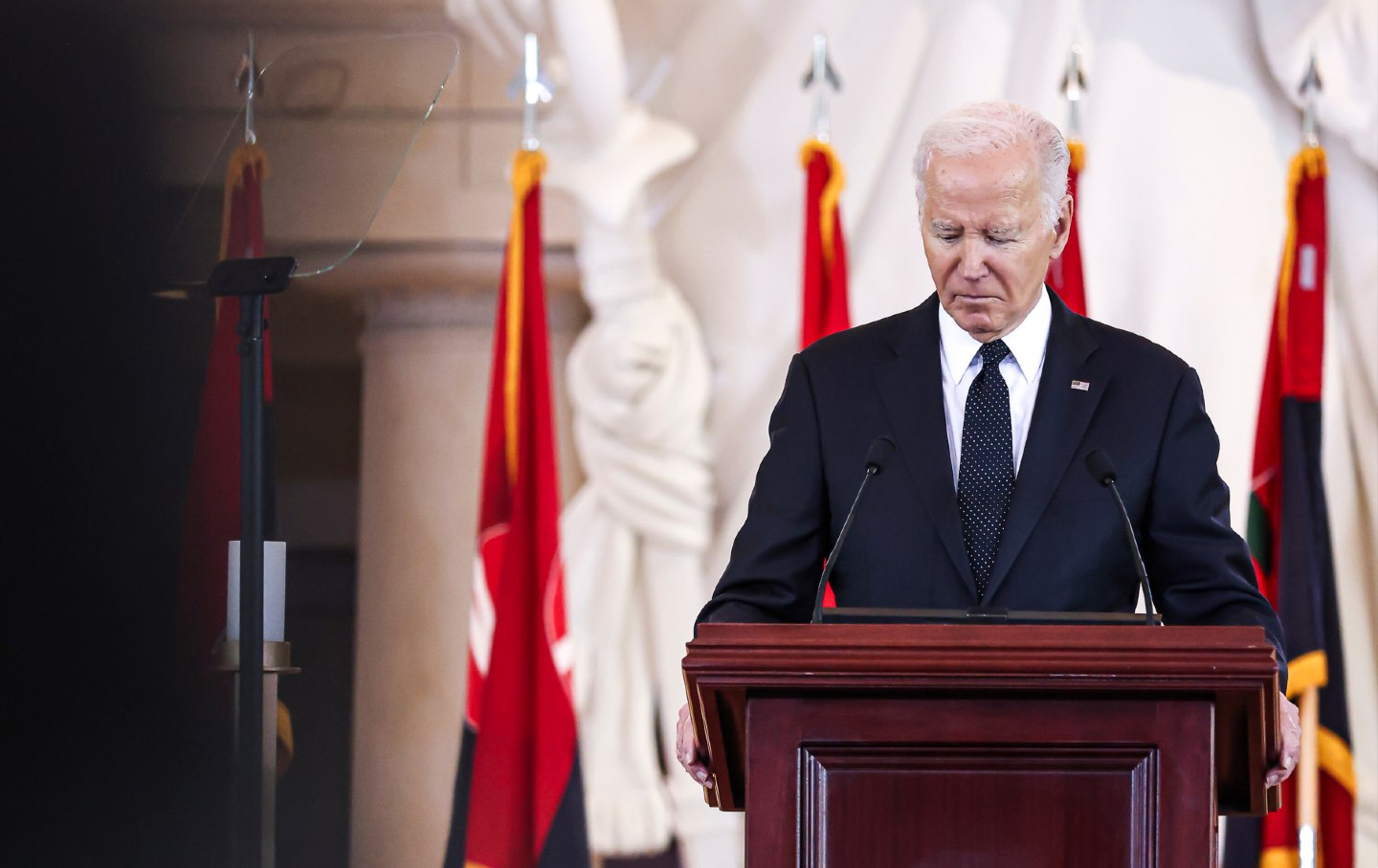 President Joe Biden in Emancipation Hall at the US Capitol in Washington, D.C., on May 7, 2024. Biden denounced antisemitism at college campus protests against Israel during an annual Holocaust commemoration.