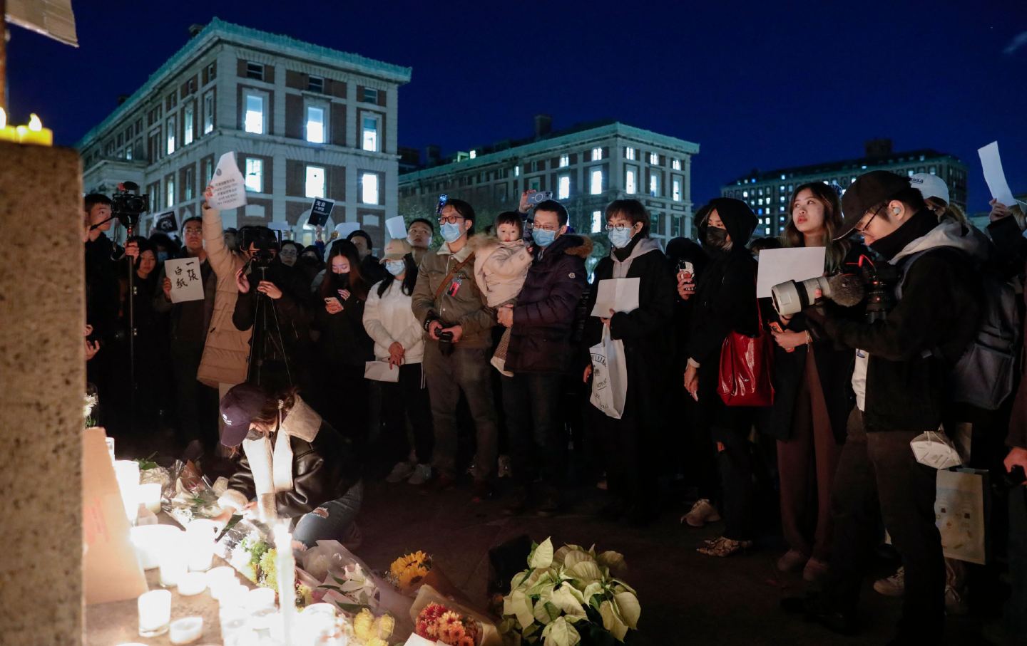 People gather at Columbia University during a protest in support of demonstrations held in China calling for an end to Covid-19 lockdowns in New York on November 28, 2022. People have taken to the streets in major cities across China in a wave of protests not seen since pro-democracy rallies in 1989 were crushed.