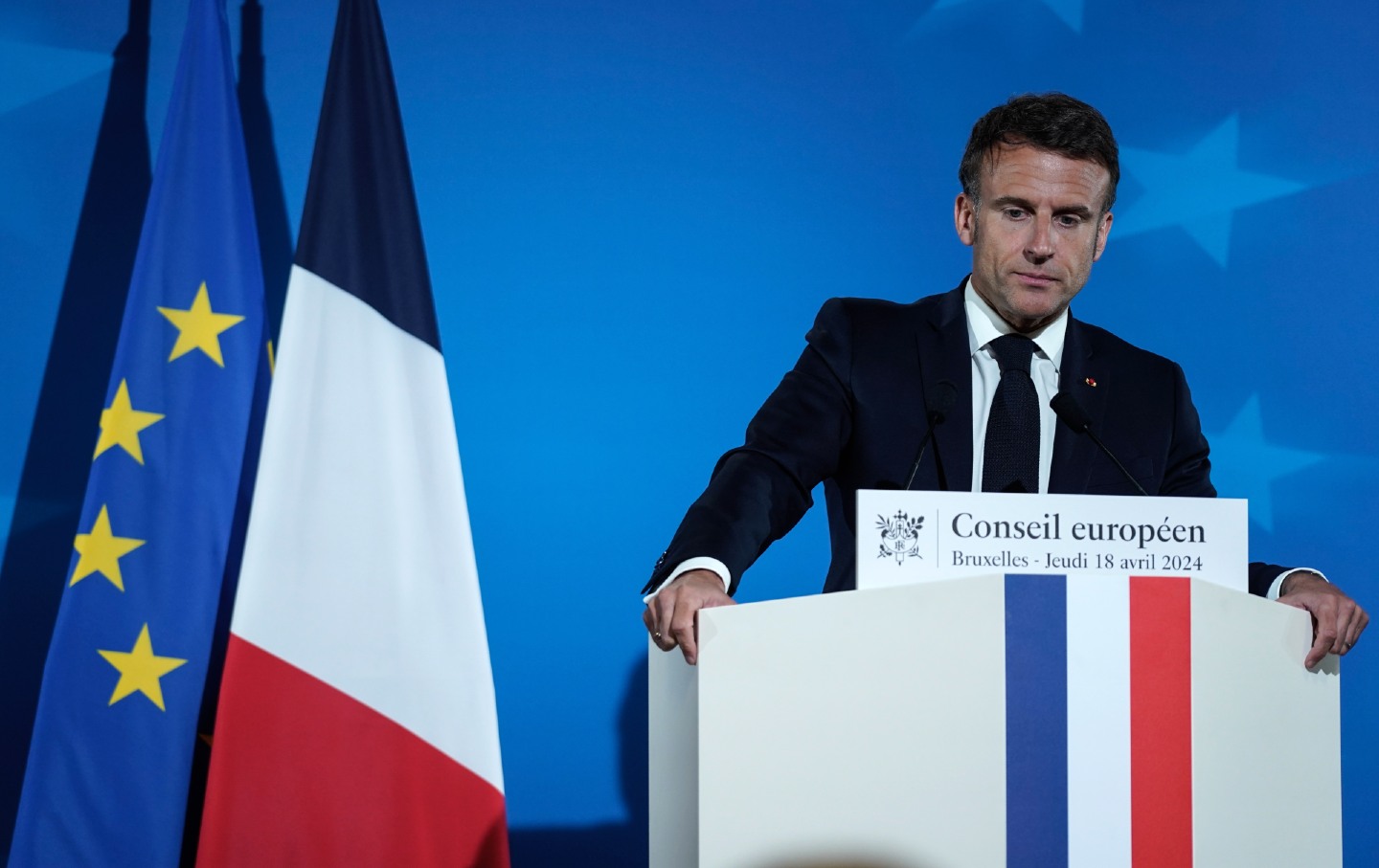 Emmanuel Macron, France's president, pauses during news conference following a Special European Council summit in Brussels, Belgium, on April 18, 2024. The European Union's waning clout is sounding alarm bells in Europe's capitals.