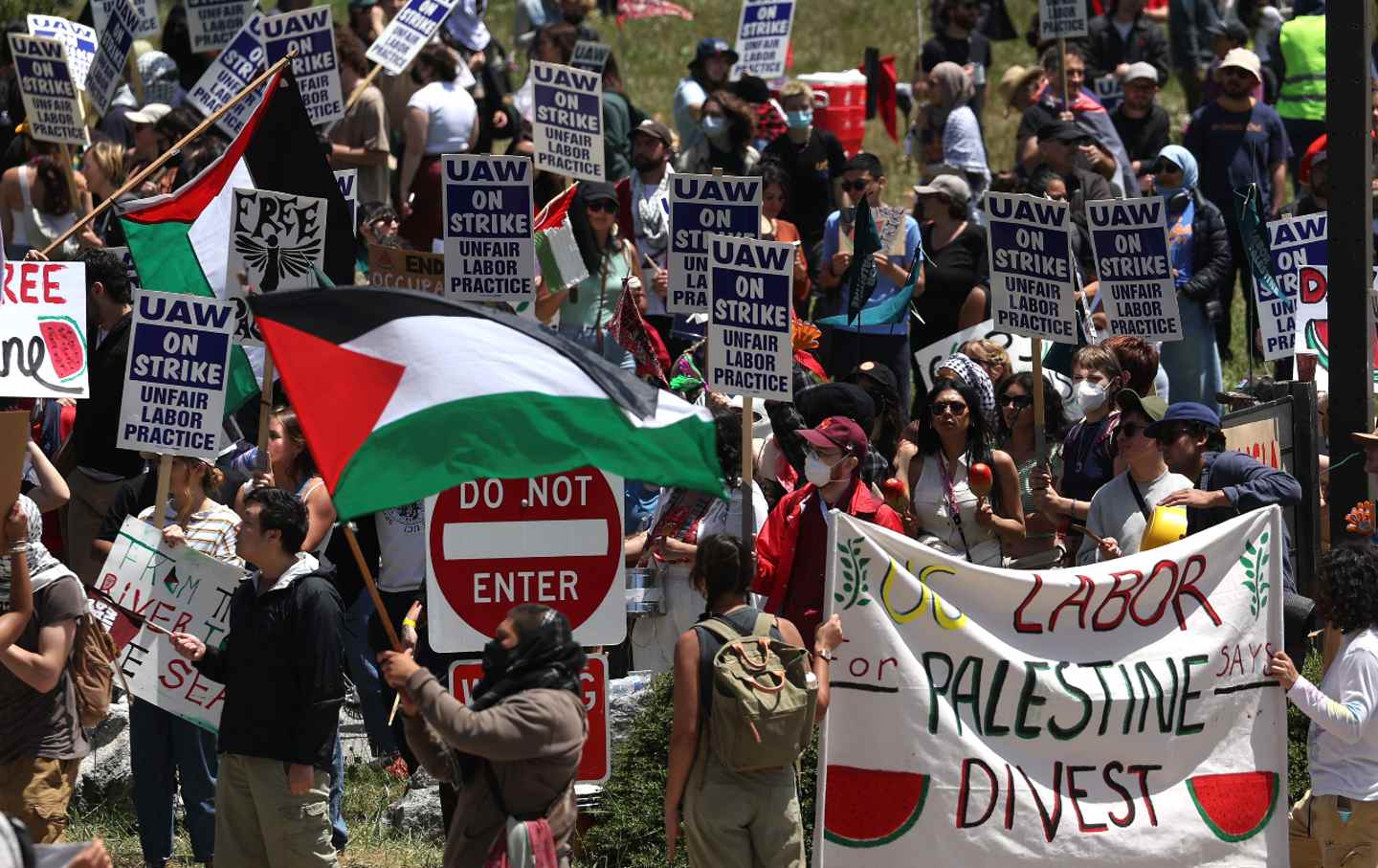 Members of UAW 4811 join protesters at the University of California, Santa Cruz, campus on May 20, 2024.