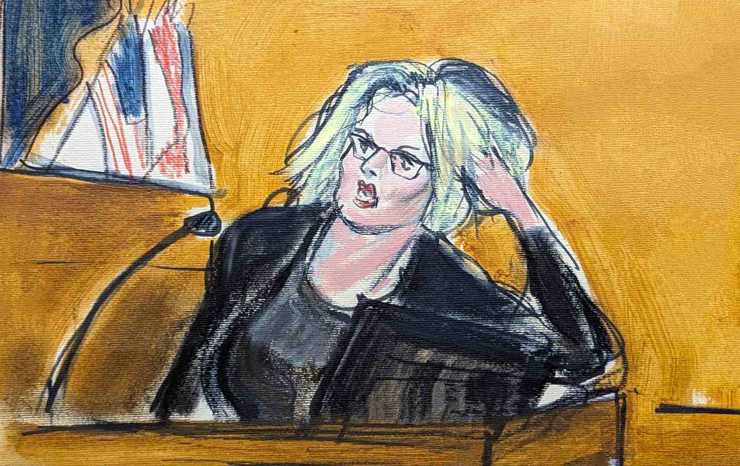 A courtroom sketch of Stormy Daniels on the witness stand, leaning onto her left arm, with the judge in the background.