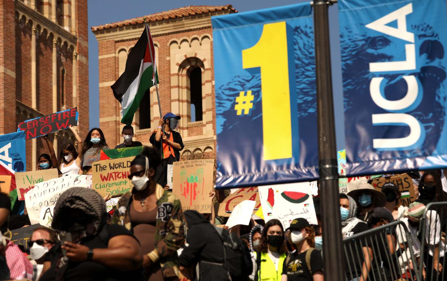 Pro-Palestinian protesters at the top of Janss Steps while others held a press conference at the bottom of the steps on the UCLA campus on May 1, 2024.