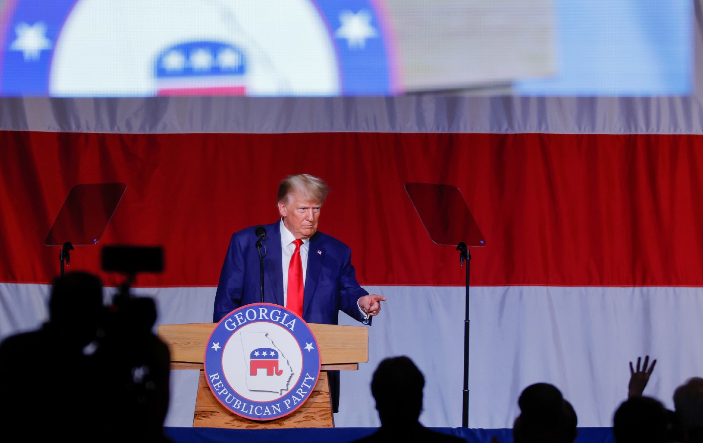 Former president Donald Trump delivers remarks during the Georgia state GOP convention on June 10, 2023.
