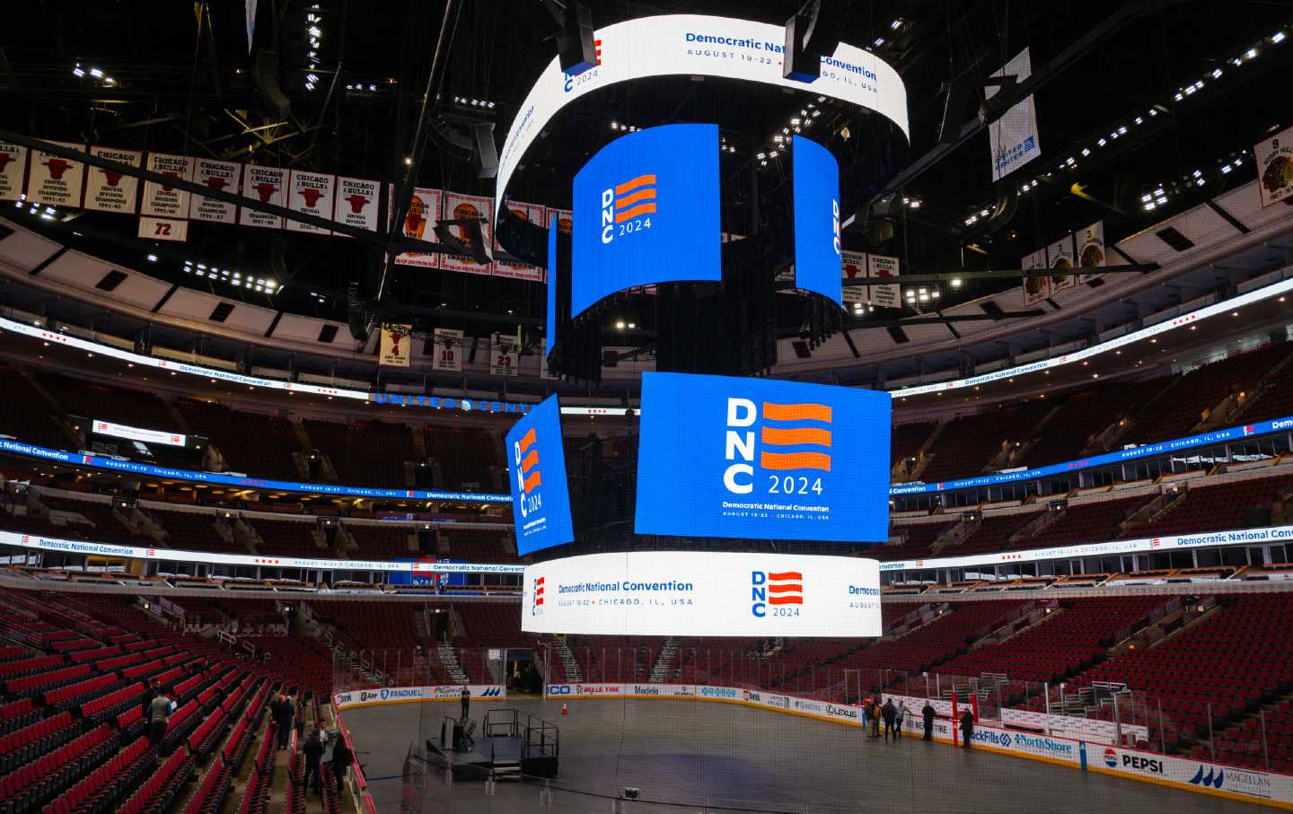 The logo for the Democratic National Convention is displayed on the scoreboard at the United Center during a media walkthrough on January 18, 2024, in Chicago, Illinois.