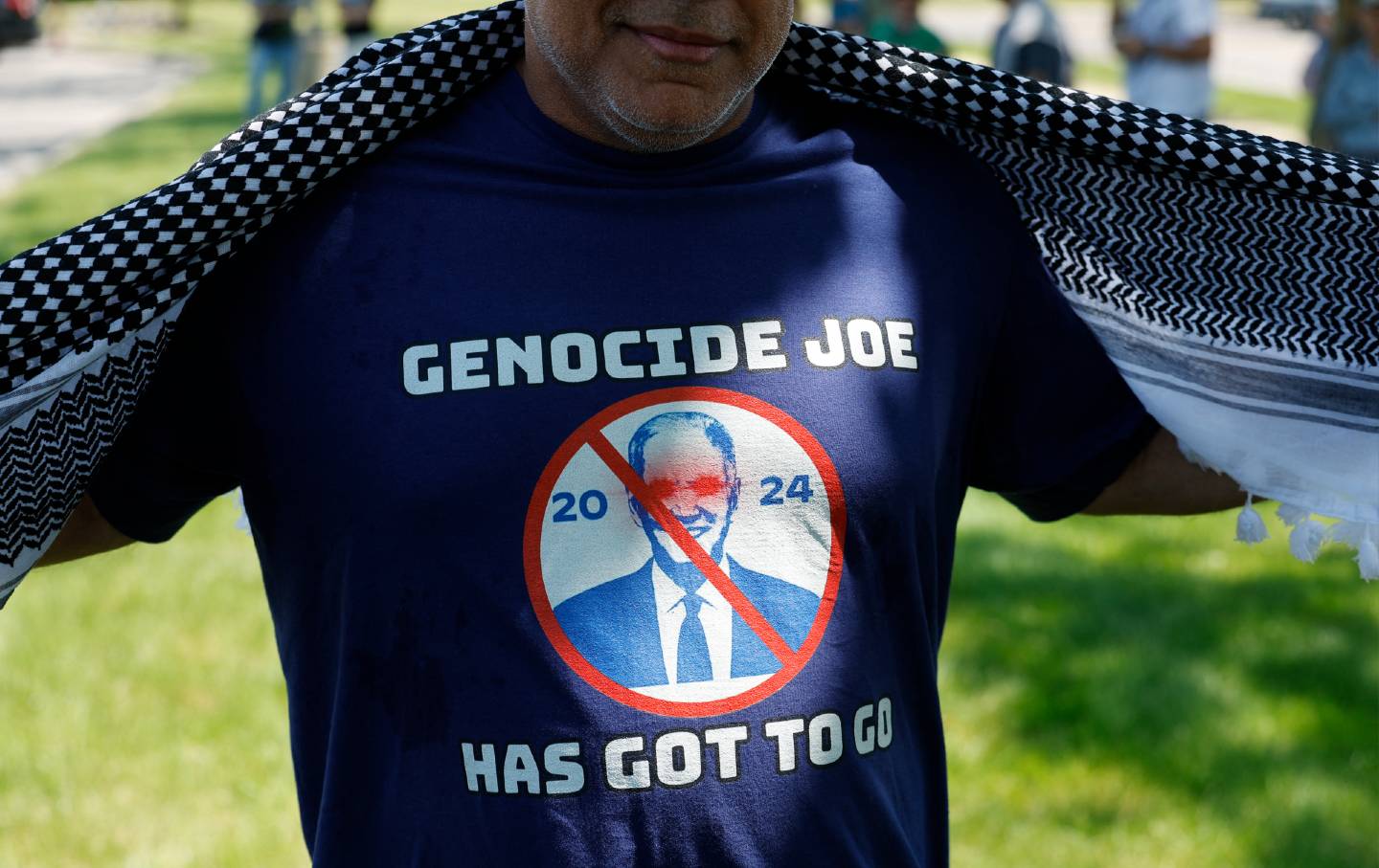 Pro-Palestinian demonstrators protest in Dearborn, Michigan, as President Biden attends the NAACP Freedom Fund dinner in Detroit, Michigan, on May 19, 2024.