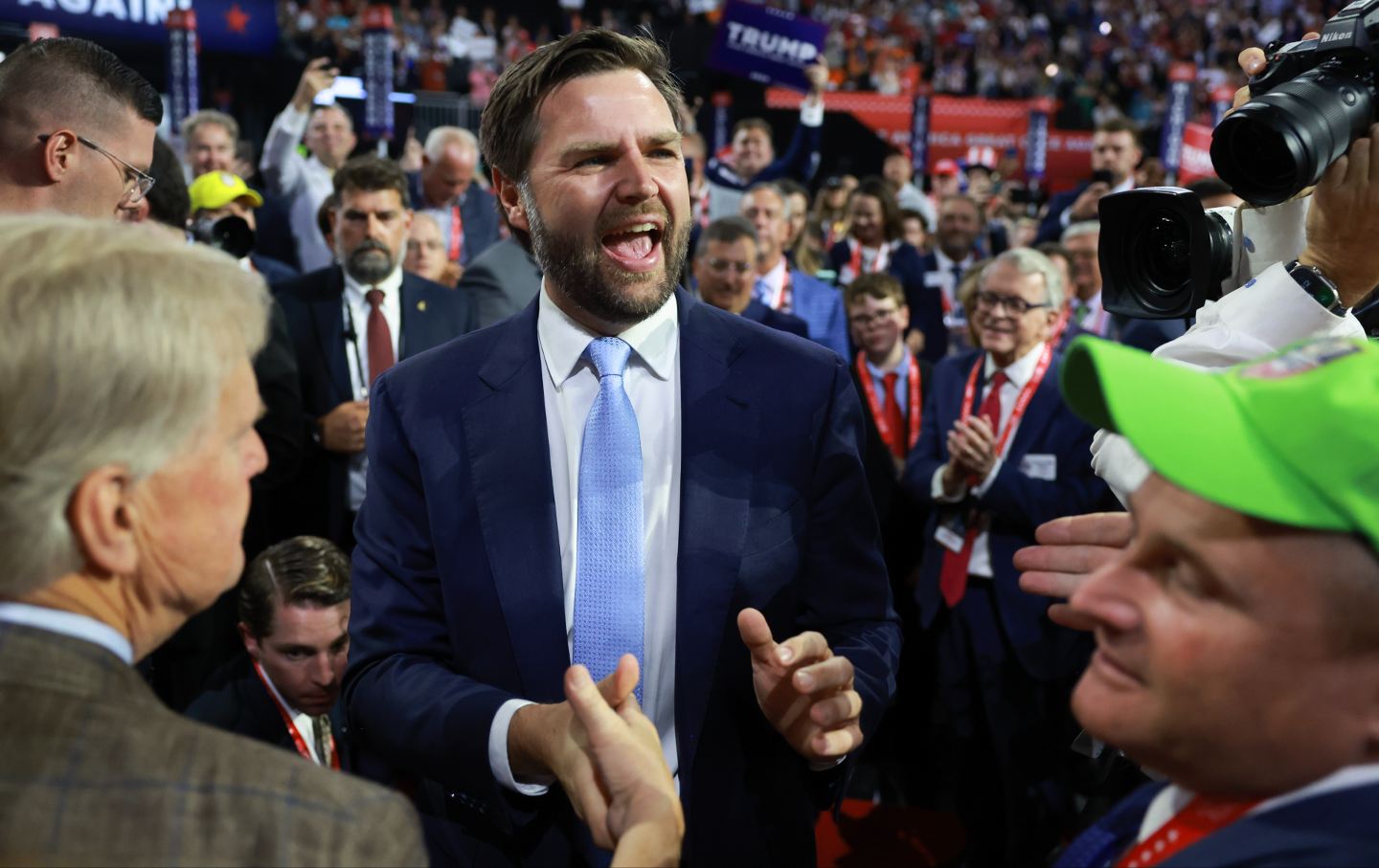 Trump's pick for Vice President, U.S. Senator J.D. Vance (R-OH) arrives on the first day of the Republican National Convention at the Fiserv Forum on July 15, 2024 in Milwaukee, Wisconsin.