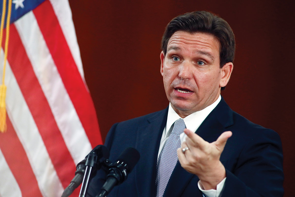 Ron DeSantis answers questions about the state’s six-week abortion ban, which went into effect, after winning a legal challenge, on May 1.