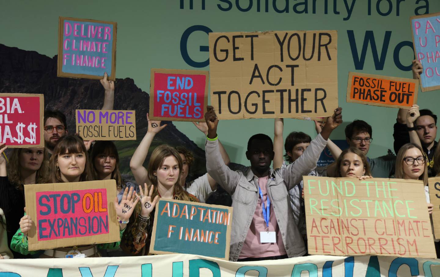 Activists protest against fossil fuels and for climate finance at the COP29 Climate Conference on November 22, 2024, in Baku, Azerbaijan.