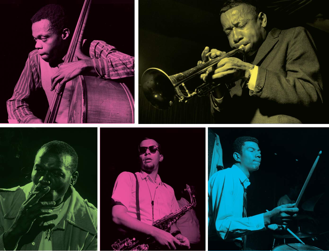 Some of the most exciting musicians in America played at Slugs’, including (from left to right) Henry Grimes, Lee Morgan, Elvin Jones, Jackie McLean, and Jack DeJohnette. Below, fliers from Slugs’ listing the upcoming shows.
