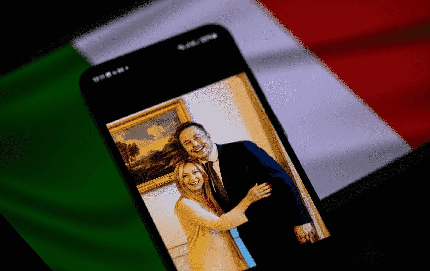 Italian prime minister Giorgia Meloni posts a picture of herself with Elon Musk in Brussels, Belgium, on her personal X account on January 6, 2025.