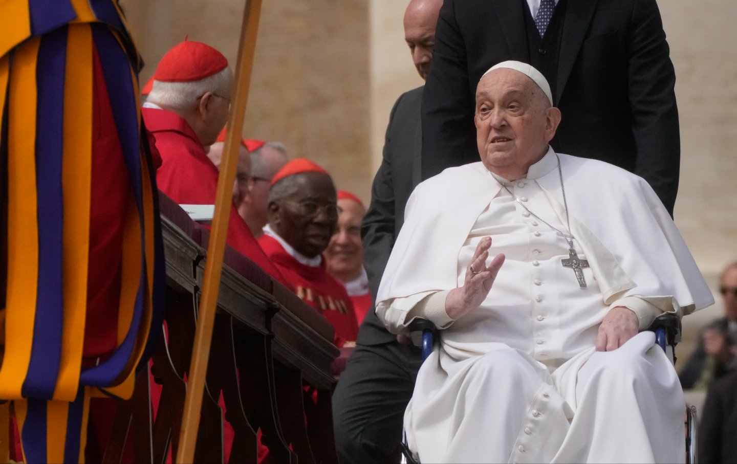 Pope Francis arrives at the end of the mass on Palm Sunday in St. Peter's Square at The Vatican, Sunday, April 13, 2025.