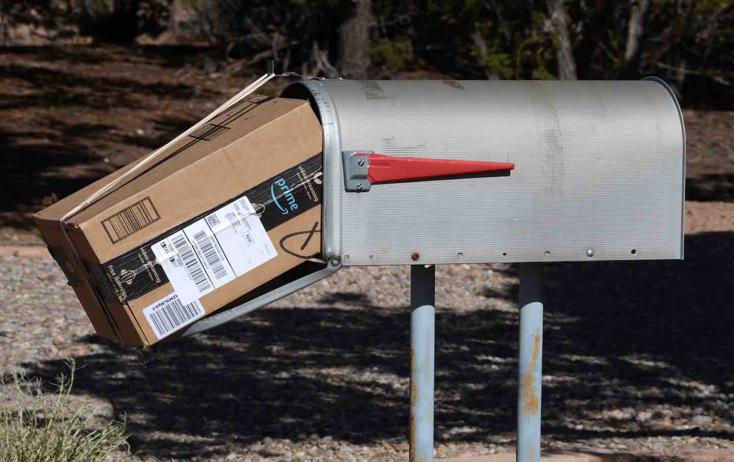 An Amazon Prime package delivered to a mailbox by in Santa Fe, New Mexico, 2020.