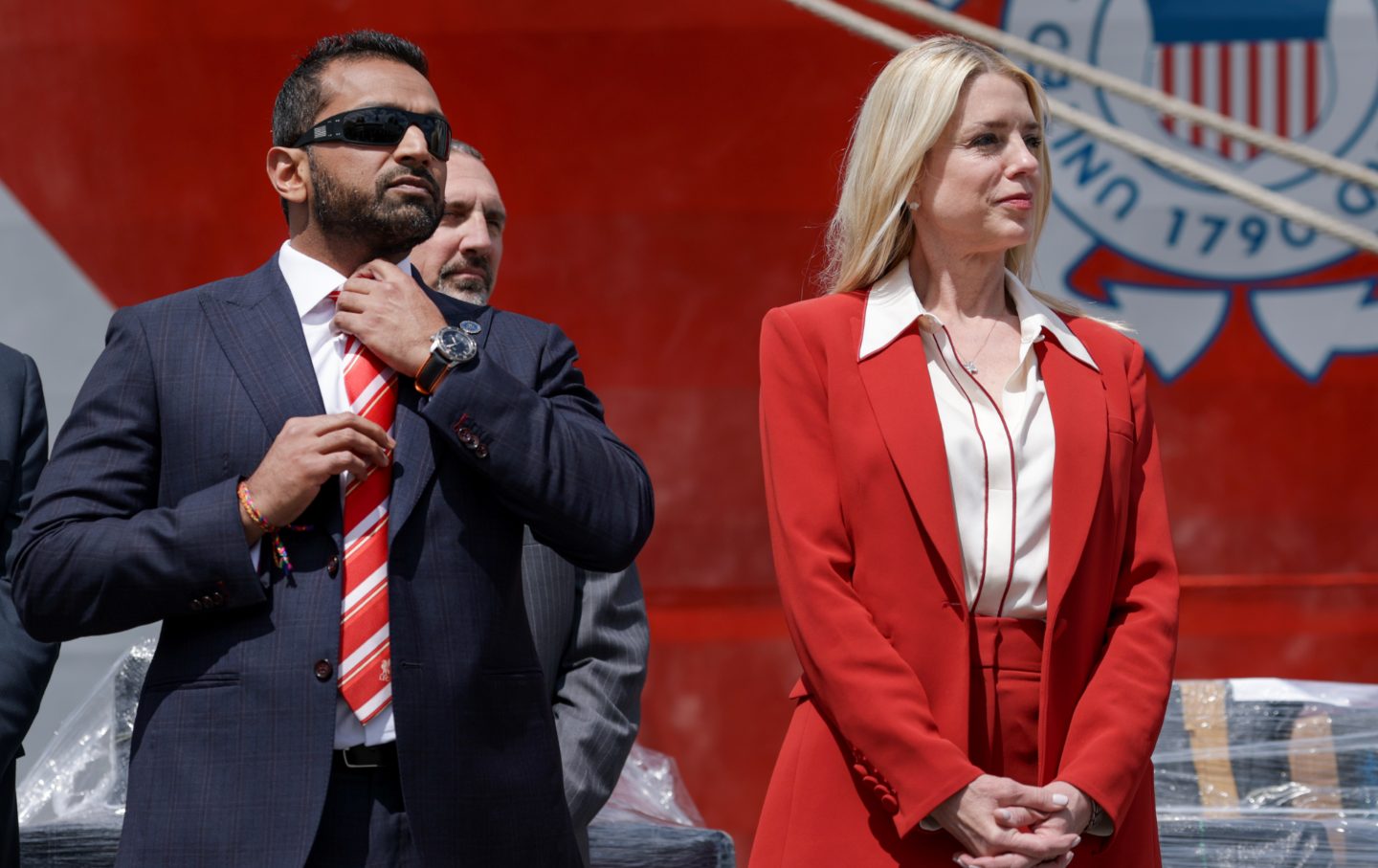 Pam Bondi, US attorney general, and Kash Patel, director of the Federal Bureau of Investigation, during a press conference at Port Everglades on April 9, 2025, in Fort Lauderdale, Florida.
